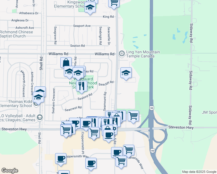 map of restaurants, bars, coffee shops, grocery stores, and more near 10520 Seamount Road in Richmond