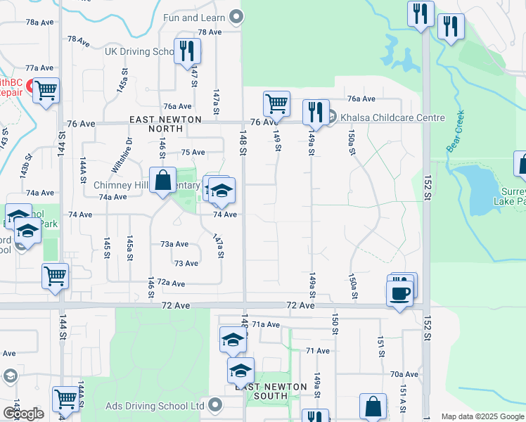 map of restaurants, bars, coffee shops, grocery stores, and more near 14858 74 Avenue in Surrey