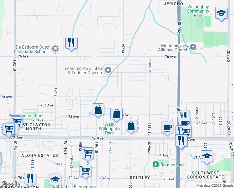 map of restaurants, bars, coffee shops, grocery stores, and more near 19685 74 Avenue in Langley