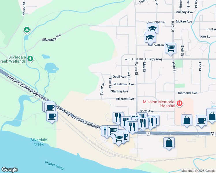 map of restaurants, bars, coffee shops, grocery stores, and more near 7469 Tern Street in Mission