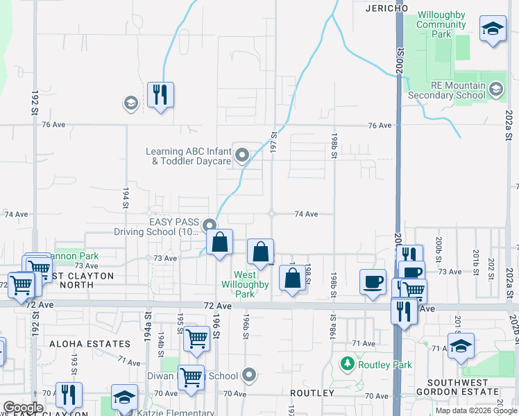 map of restaurants, bars, coffee shops, grocery stores, and more near 19683 74 Avenue in Langley
