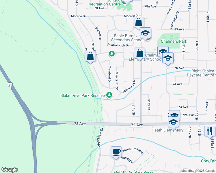 map of restaurants, bars, coffee shops, grocery stores, and more near 7401 Crawford Drive in Delta