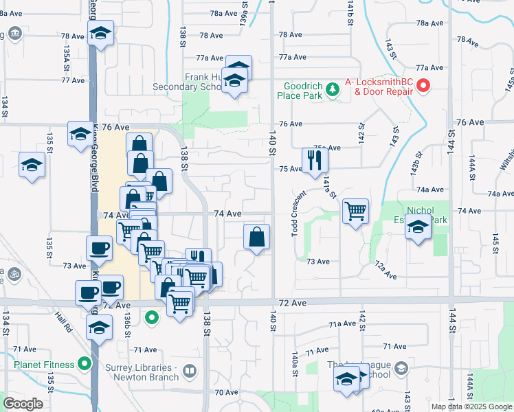 map of restaurants, bars, coffee shops, grocery stores, and more near 13990 74 Avenue in Surrey