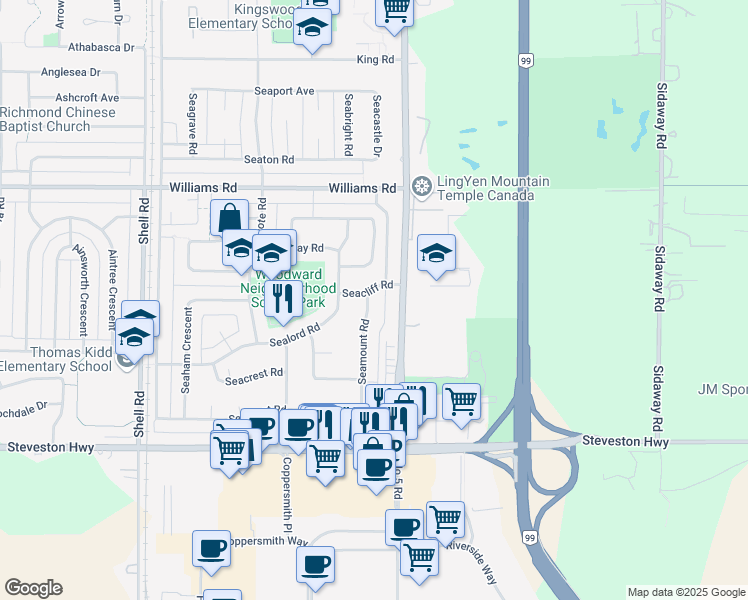 map of restaurants, bars, coffee shops, grocery stores, and more near 10520 Seamount Road in Richmond