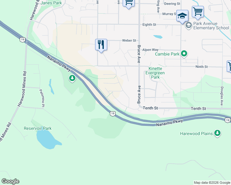 map of restaurants, bars, coffee shops, grocery stores, and more near 580B Marisa Street in Nanaimo