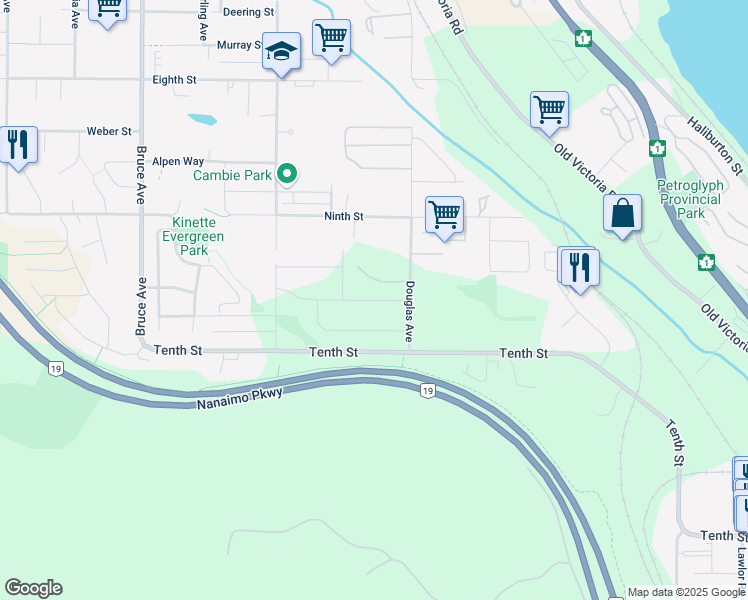 map of restaurants, bars, coffee shops, grocery stores, and more near Cordan Street in Nanaimo