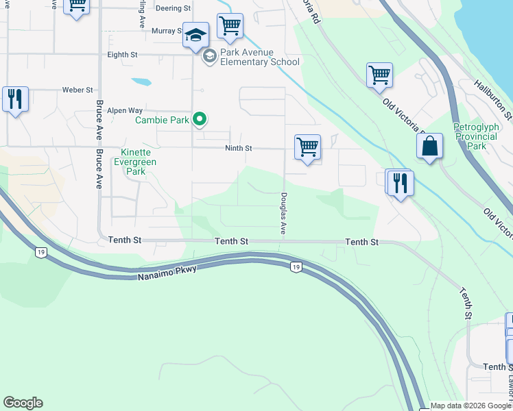map of restaurants, bars, coffee shops, grocery stores, and more near 334 Cordan Street in Nanaimo