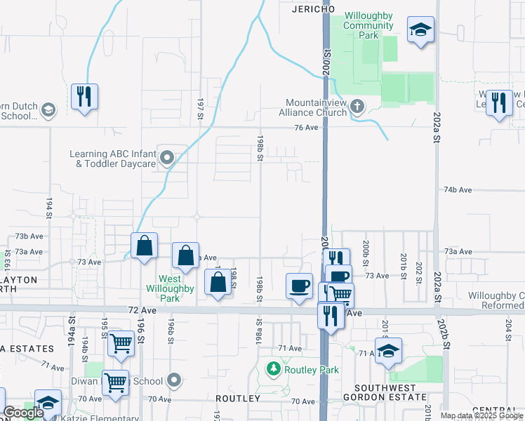 map of restaurants, bars, coffee shops, grocery stores, and more near 7428 198B Street in Langley