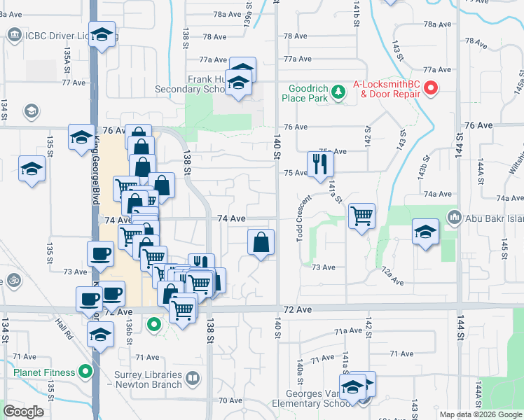 map of restaurants, bars, coffee shops, grocery stores, and more near in Surrey