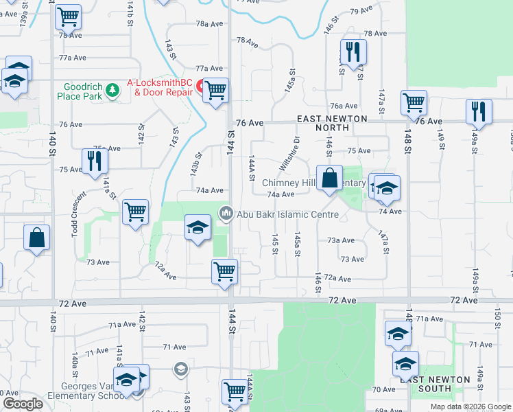 map of restaurants, bars, coffee shops, grocery stores, and more near 14465 74 Avenue in Surrey