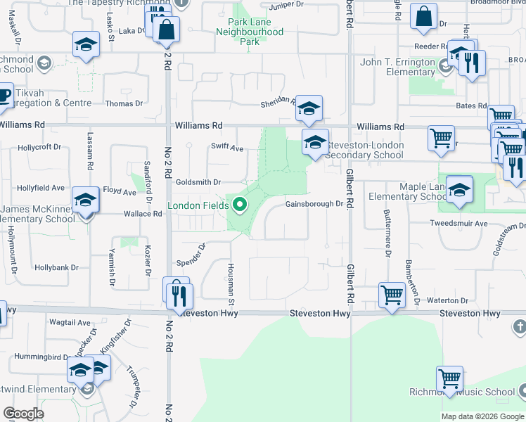 map of restaurants, bars, coffee shops, grocery stores, and more near 6571 Gainsborough Drive in Richmond