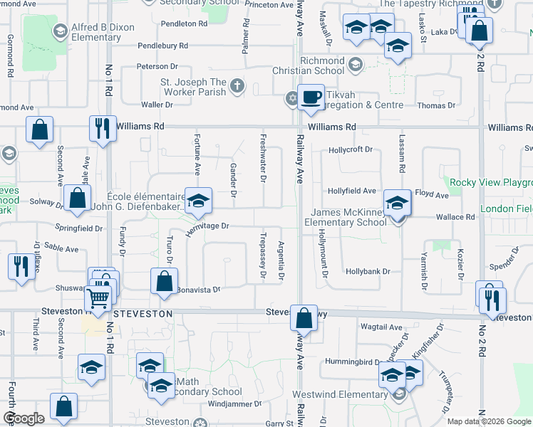 map of restaurants, bars, coffee shops, grocery stores, and more near 1780 Hermitage Drive in Richmond