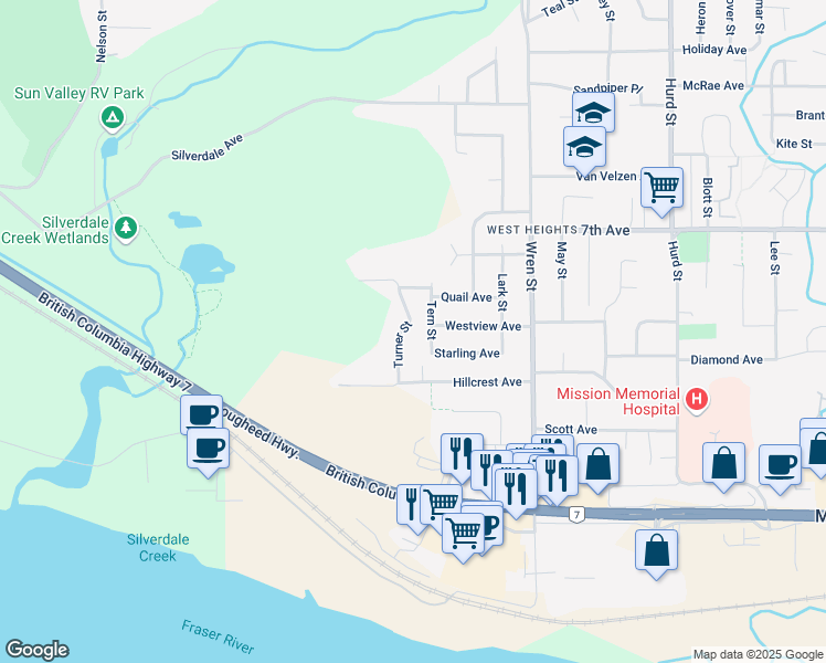 map of restaurants, bars, coffee shops, grocery stores, and more near 7472 Turner Street in Mission