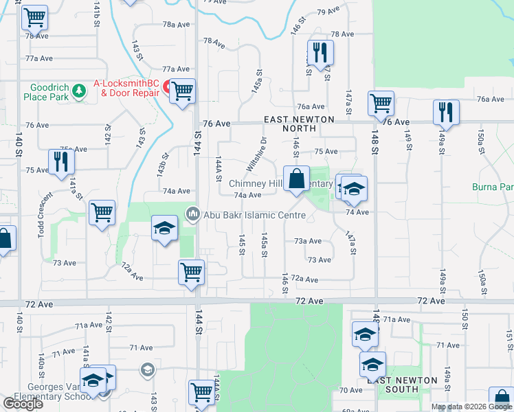map of restaurants, bars, coffee shops, grocery stores, and more near 14539 74 Avenue in Surrey
