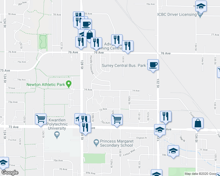 map of restaurants, bars, coffee shops, grocery stores, and more near 1516 129A Street in Surrey