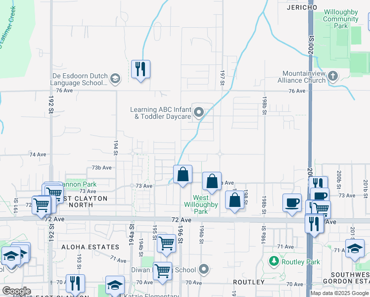 map of restaurants, bars, coffee shops, grocery stores, and more near 7422 196 Street in Langley Township