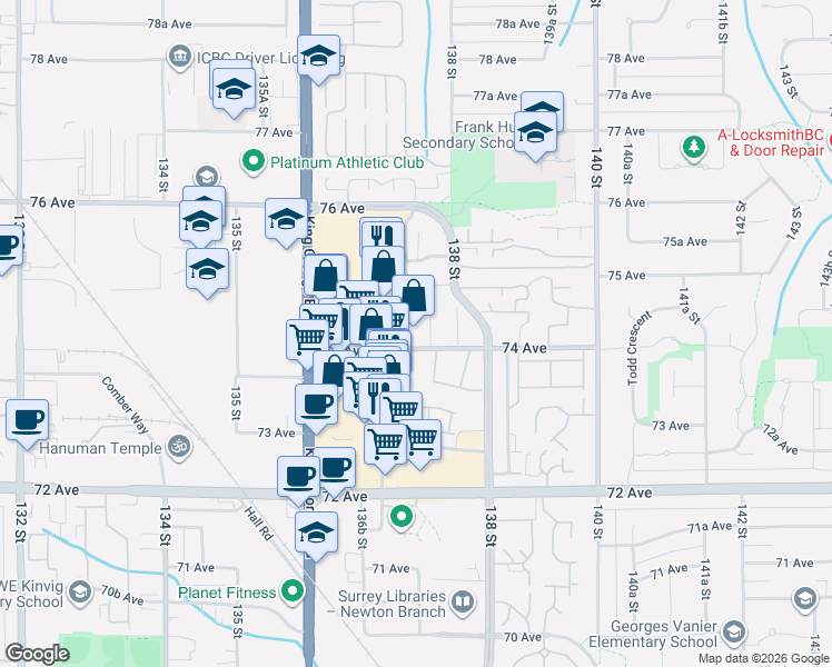 map of restaurants, bars, coffee shops, grocery stores, and more near 13727 74 Avenue in Surrey