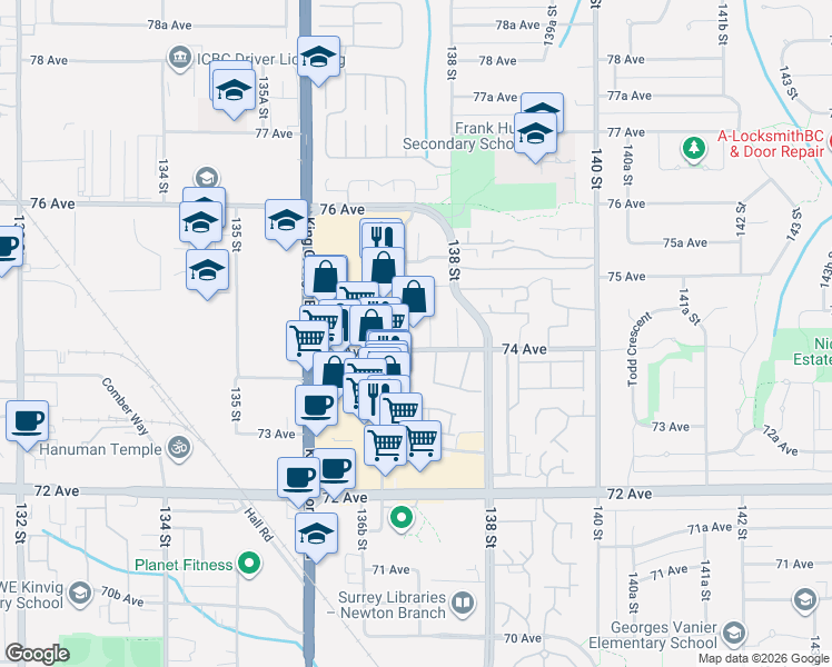 map of restaurants, bars, coffee shops, grocery stores, and more near 13727 74 Avenue in Surrey