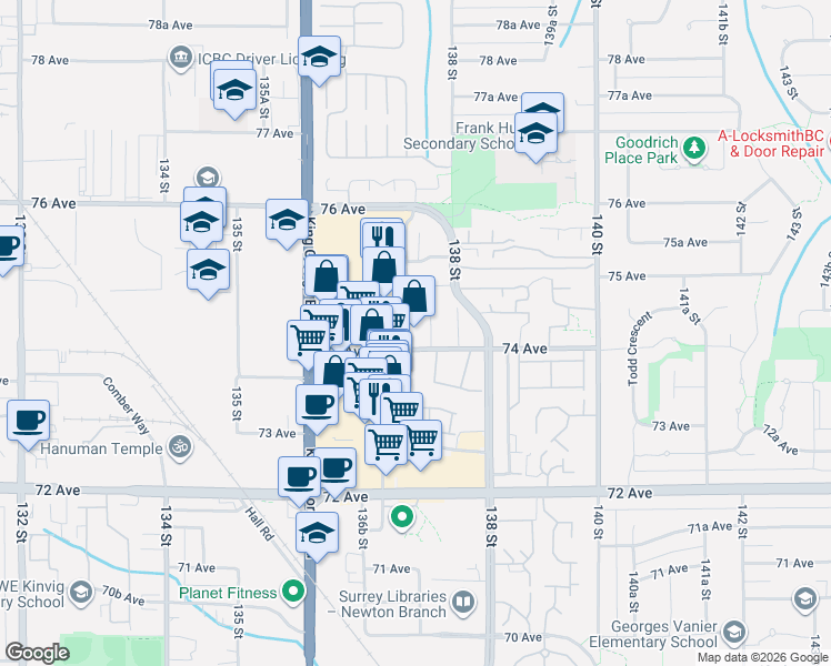 map of restaurants, bars, coffee shops, grocery stores, and more near 13727 74 Avenue in Surrey
