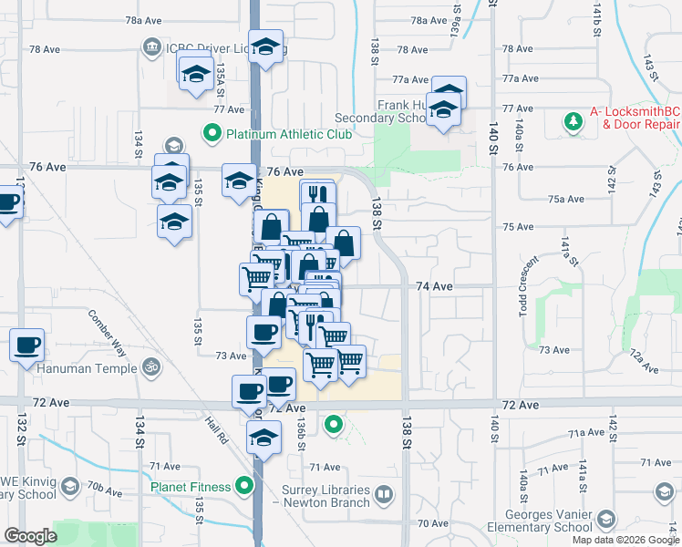 map of restaurants, bars, coffee shops, grocery stores, and more near 13727 74 Avenue in Surrey