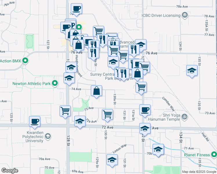 map of restaurants, bars, coffee shops, grocery stores, and more near 13015 74 Avenue in Surrey