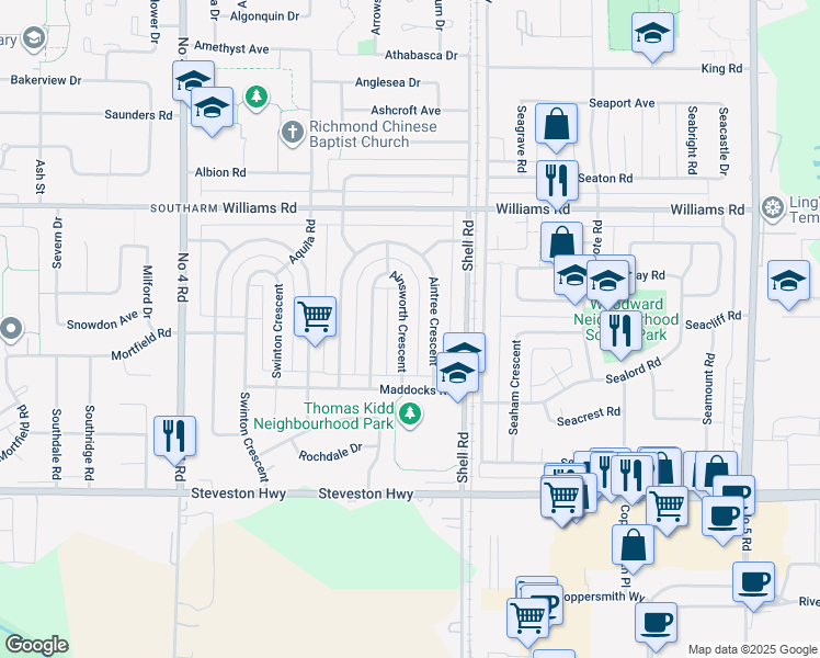 map of restaurants, bars, coffee shops, grocery stores, and more near 10531 Ainsworth Crescent in Richmond