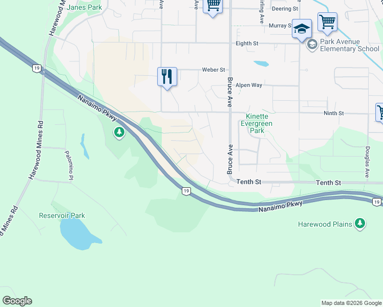 map of restaurants, bars, coffee shops, grocery stores, and more near 580B Marisa Street in Nanaimo