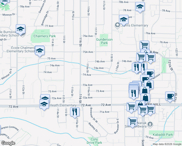 map of restaurants, bars, coffee shops, grocery stores, and more near 11667 74 Avenue in Delta
