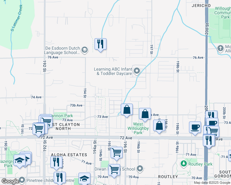 map of restaurants, bars, coffee shops, grocery stores, and more near 19501 74 Avenue in Surrey