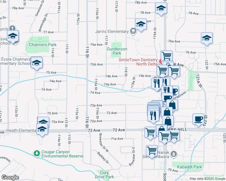 map of restaurants, bars, coffee shops, grocery stores, and more near 11735 74 Avenue in Delta