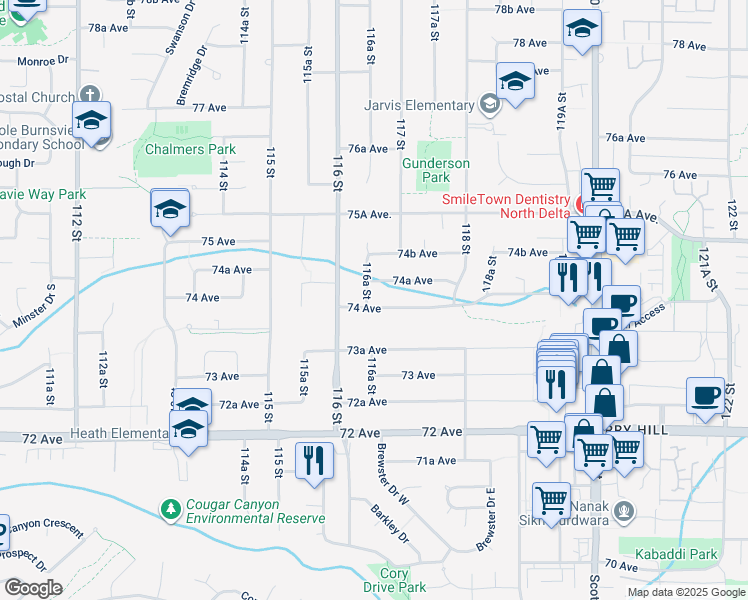 map of restaurants, bars, coffee shops, grocery stores, and more near 7420 116A Street in Delta