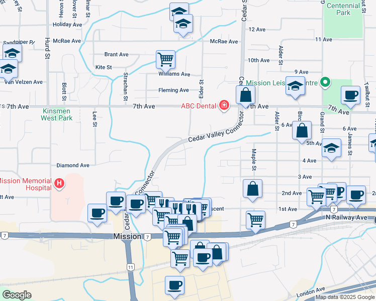 map of restaurants, bars, coffee shops, grocery stores, and more near 7464 Ross Drive in Mission