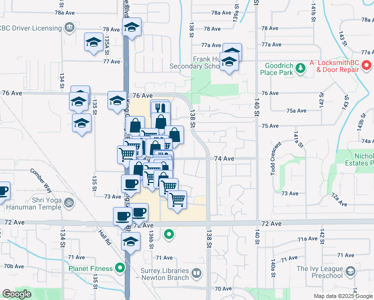 map of restaurants, bars, coffee shops, grocery stores, and more near 13751 74 Avenue in Surrey