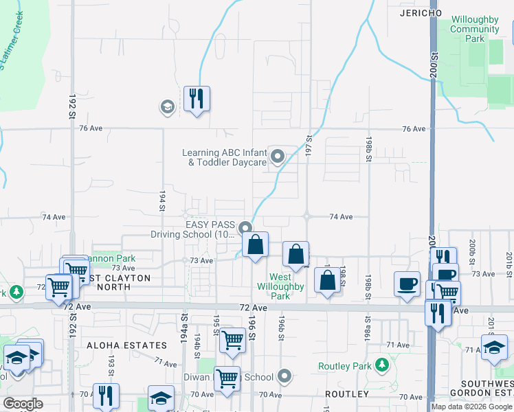 map of restaurants, bars, coffee shops, grocery stores, and more near 7422 196 Street in Langley Township