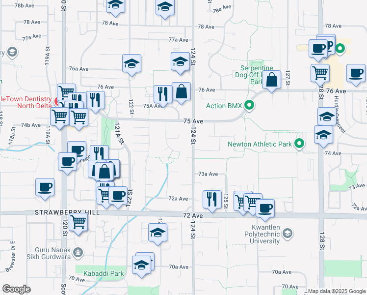 map of restaurants, bars, coffee shops, grocery stores, and more near 7366 123 Street in Surrey