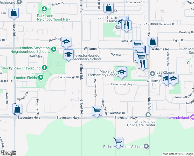 map of restaurants, bars, coffee shops, grocery stores, and more near 10220 Buttermere Drive in Richmond