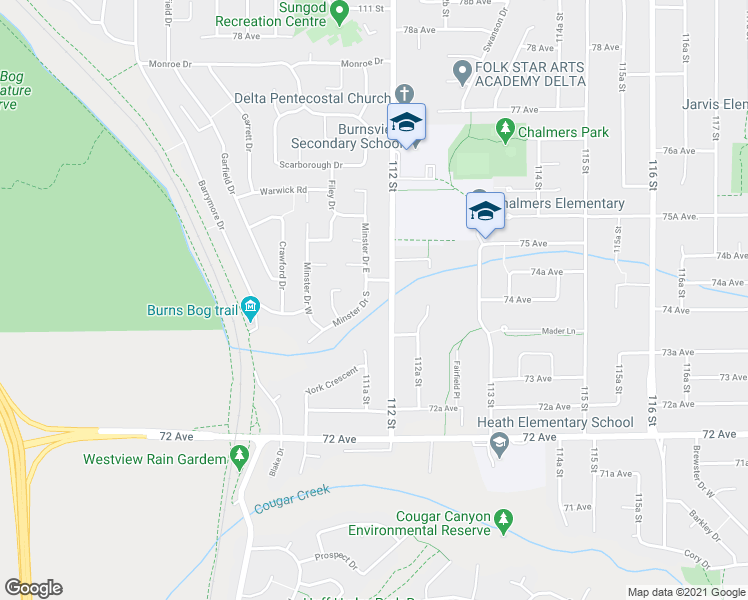 map of restaurants, bars, coffee shops, grocery stores, and more near 7390 Minster Drive South in Delta