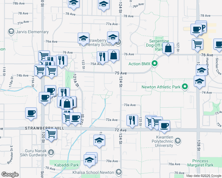 map of restaurants, bars, coffee shops, grocery stores, and more near 7376 123 Street in Surrey