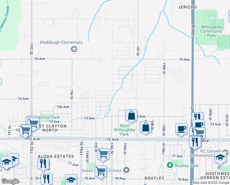 map of restaurants, bars, coffee shops, grocery stores, and more near 7428 196 Street in Langley Township