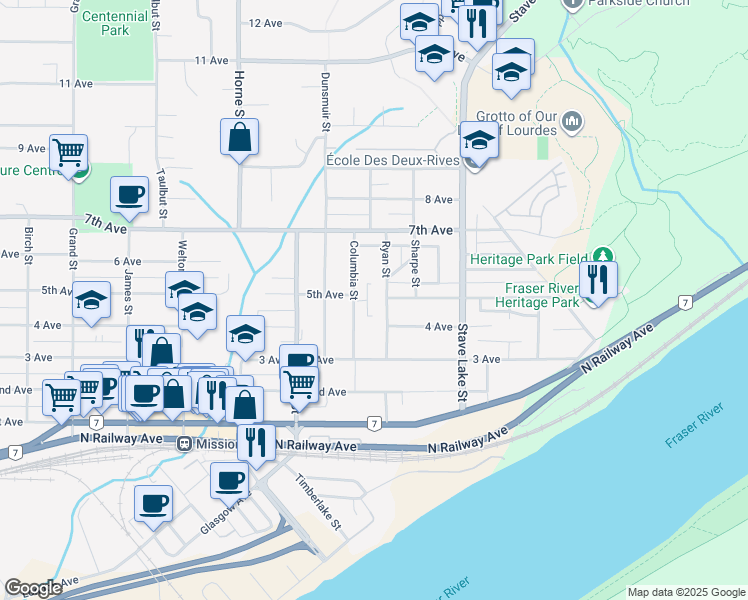 map of restaurants, bars, coffee shops, grocery stores, and more near 7500 Columbia Street in Mission
