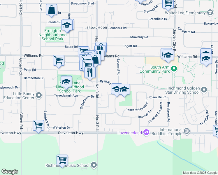 map of restaurants, bars, coffee shops, grocery stores, and more near 8080 Ryan Road in Richmond