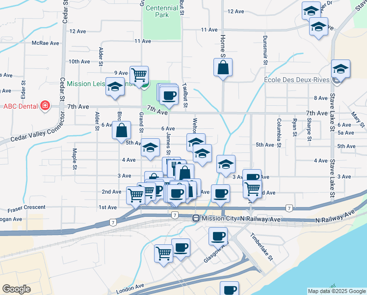 map of restaurants, bars, coffee shops, grocery stores, and more near 33164 5th Avenue in Mission