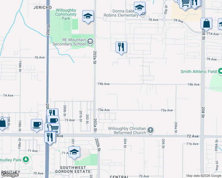 map of restaurants, bars, coffee shops, grocery stores, and more near 20326 74B Avenue in Langley Township
