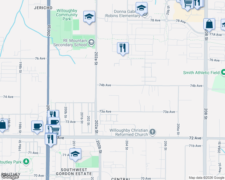map of restaurants, bars, coffee shops, grocery stores, and more near 20326 74B Avenue in Langley Township
