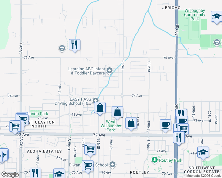 map of restaurants, bars, coffee shops, grocery stores, and more near 19660 74A Avenue in Langley Township