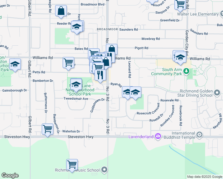 map of restaurants, bars, coffee shops, grocery stores, and more near 8020 Ryan Road in Richmond