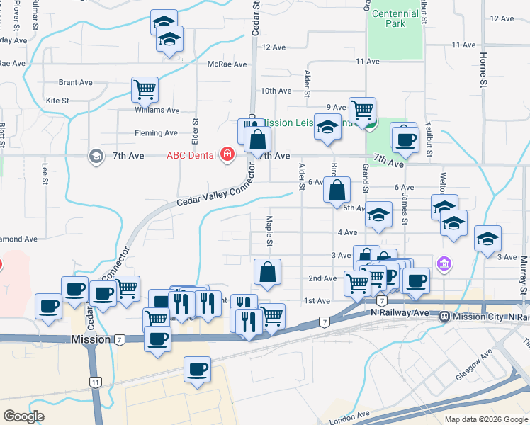 map of restaurants, bars, coffee shops, grocery stores, and more near 7489 Maple Street in Mission