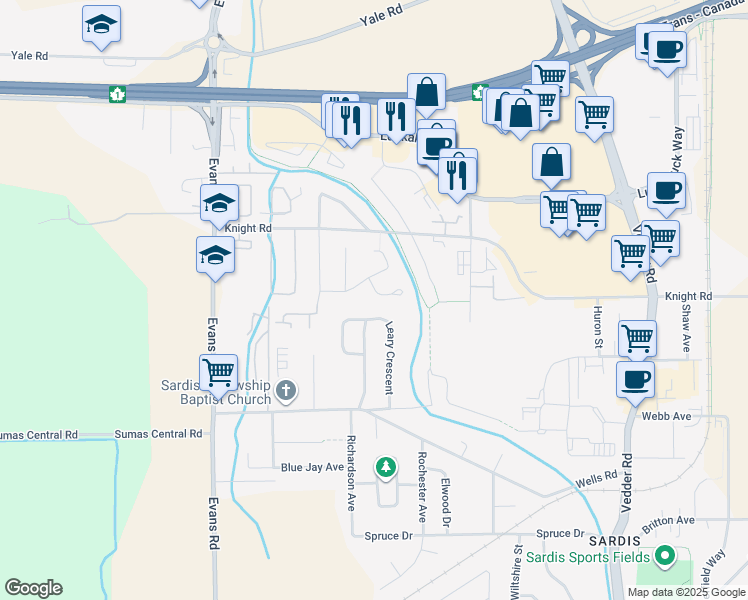 map of restaurants, bars, coffee shops, grocery stores, and more near 45302 Jasper Drive in Chilliwack