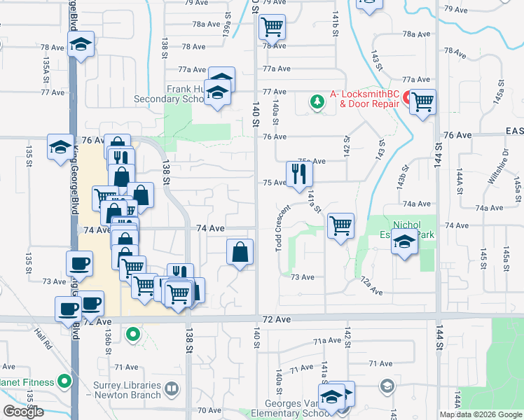 map of restaurants, bars, coffee shops, grocery stores, and more near 7438 140 Street in Surrey