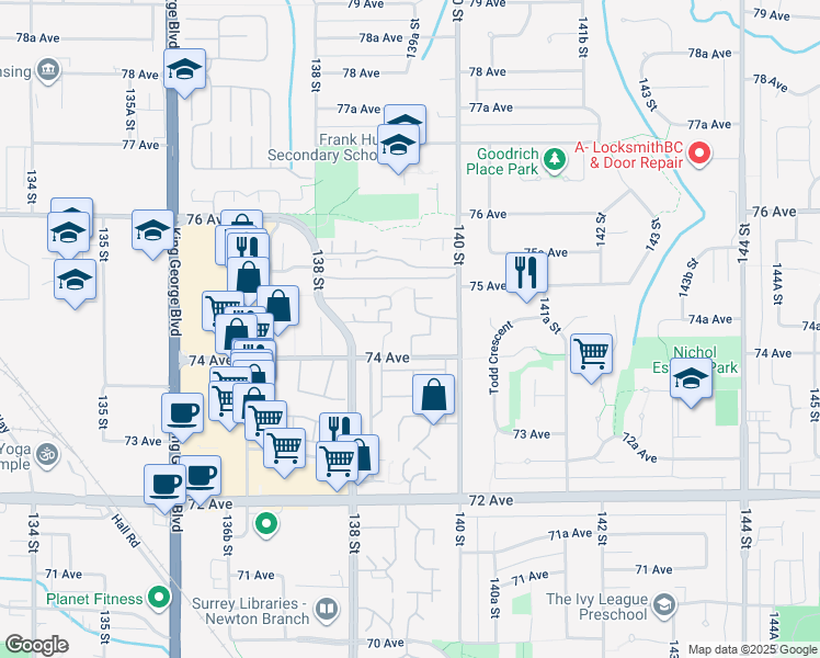 map of restaurants, bars, coffee shops, grocery stores, and more near 13935 74 Avenue in Surrey
